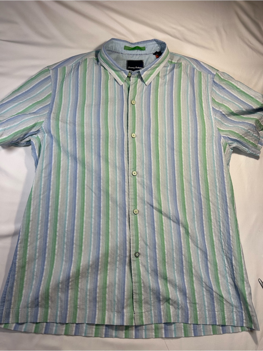 Tommy Bahama Blue & Green Striped Short-Sleeve Button-Down Shirt linen silk sz L
